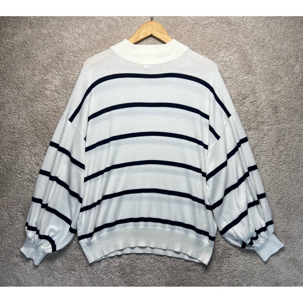 Abound Striped Mock Neck‎ Balloon Sleeve Sweater Top Cream Navy Coastal Size L